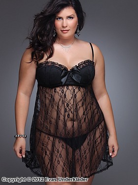 Babydoll med BH-cuper, blomsterblonder, volangkant, plus size